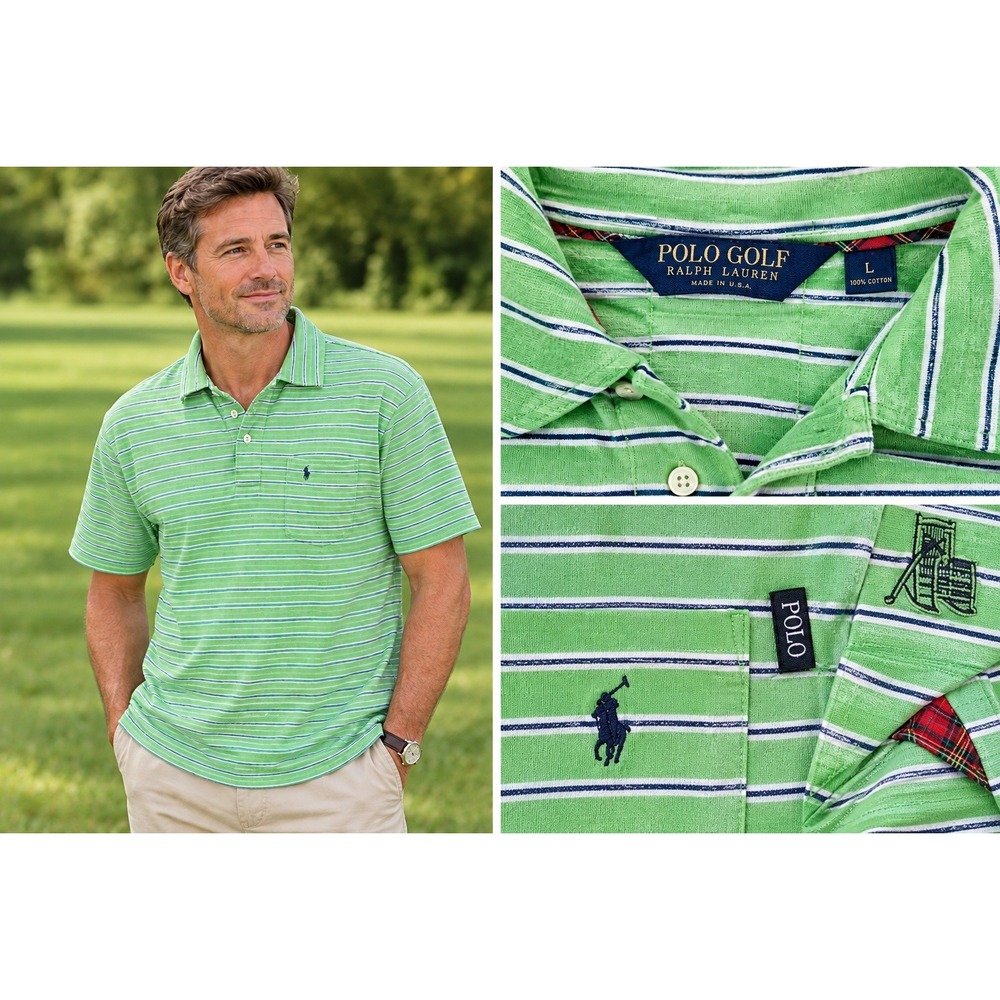 Vintage Polo Golf Ralph Lauren Men's L Green Striped Cotton USA Polo Shirt Retro